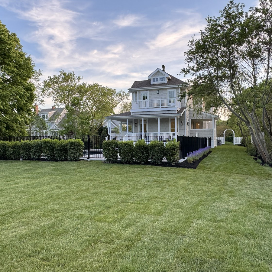 Designed garden beds and lawn at a North Fork estate
